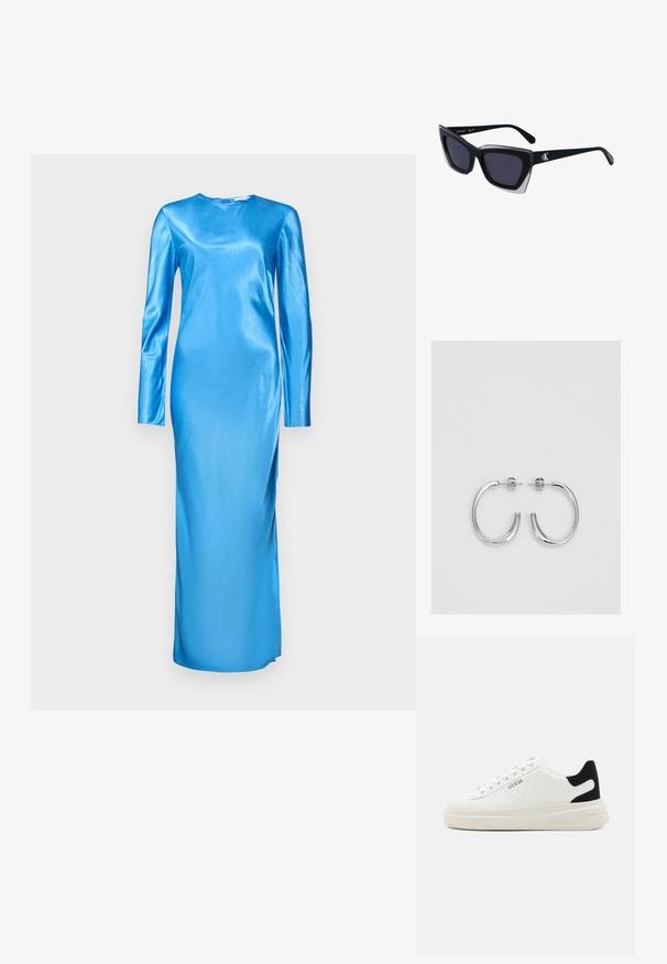 Dolga obleka z dolgimi rokavi in dolžino do tal iz sijoče modre satenske tkanine. Ima okroglo izreznico in eleganten, oprijen kroj z minimalnimi šivi.; Bele usnjene športne copate z debelim belim podplatom, črnimi semišnimi detajli na peti in utisnjenim logotipom na strani. Zavezovanje s šestimi luknjicami.; Črne prevelike sončne očala geometrijske oblike, z temnimi lečami in kontrastno sivo podrobnostjo na okvirju. Logo na ročaju.; Srebrne uhančke v obliki obroča z gladko, sijočo površino, ukrivljene oblike in zapiranjem na zatič. Minimalistična zasnova z modernim zaključkom.