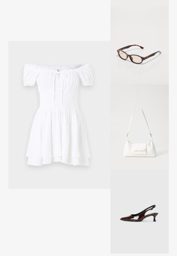 Hvit av-shoulder kjole med smocket bodice, korte pufferm og lagdelte volanger i kanten. Laget av lett, strukturert stoff.; Brune patentlæder slingback sko med spids tå og moderat hæl. Har en spænde rem for sikker pasform. Glat tekstur.; Skilpaddeskall solbriller med rund form og lette linser. Har robuste arme med små guld accenter, lavet af plastmateriale.; Hvit syntetisk håndveske med trekantet form, flat klaff foran og sløyfe detaljer, justerbar stropp, glatt tekstur og minimalistisk design.