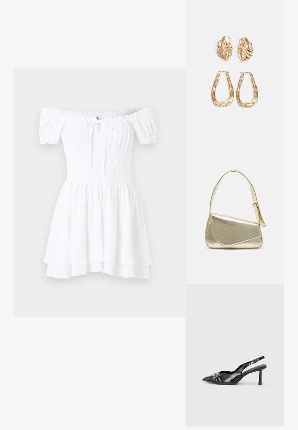 Rochie albă cu umerii descoperiți, cu corset elastic, mâneci puff scurte și tiv în straturi cu volane. Fabricată dintr-un material ușor, texturat.; Pantofii slingback din piele lăcuită neagră, cu vârf ascuțit, bretele pentru gleznă cu catarame și accesorii din argint, și un toc subțire.; Geantă de umăr metalică aurie cu un design structurat, textură netedă și curea reglabilă. Prezintă o formă triangulară unică și cusături minimaliste.; Cercei aurii cu forme texturate și ondulate. Include studs sculpturale cu clip și un design de cerc deschis cu un finisaj cioplit.