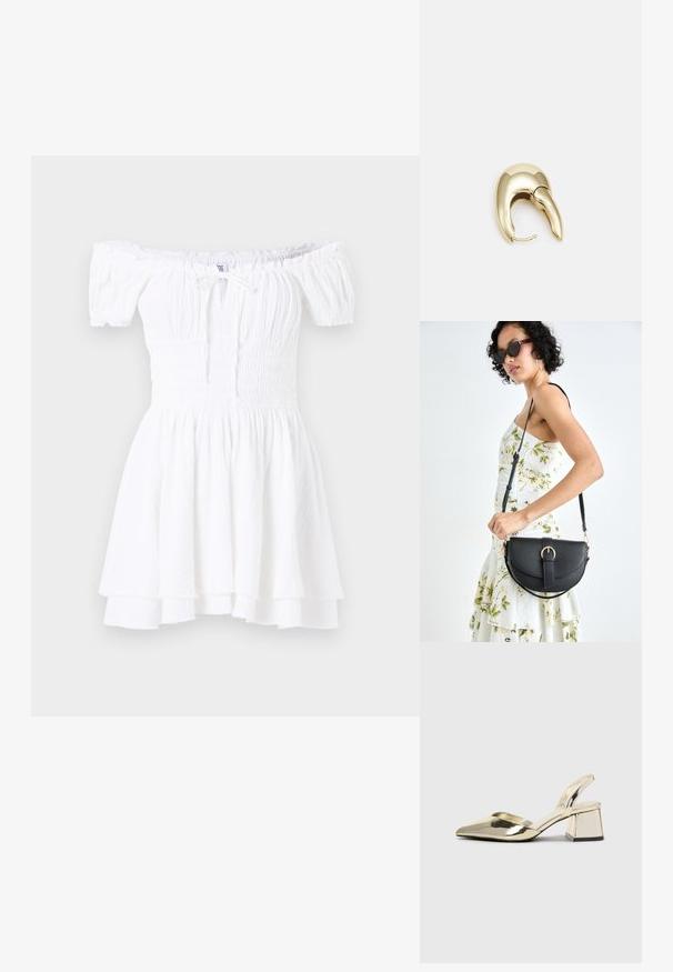 Bijela haljina s otvorenim ramenima, s nabiranim korzetom, kratkim napuhanim rukavima i slojevitim volanima na rubu. Izrađena od lagane, teksturirane tkanine.; Zlatni metalik slingback sandali s šiljatim vrhom i debelim potpeticama. Glatka tekstura, minimalistički dizajn i uski remen.; Crna kožna torba s lukovitim oblikom, odvojivim remenom i zlatnim detaljima. Torba ima preklop s kopčom.; Zlatne metalne naušnice s elegantnim, zakrivljenim dizajnom. Imaju karakterističan šiljast oblik, poliranu površinu i zatvaranje na šarku.