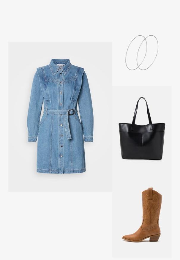 Suknja od traperice u svijetloplavoj boji, s dugim rukavima, zakopčanjem na dugmad, pojasom u struku i detaljno obrađenim ramenima.; Smeđe kožne kaubojke s oštrim nosom, izvezenim spiralnim uzorcima na gornjem dijelu i blok petom. Imaju potporu za lakše obuvanje.; Crna kožna torba s dugim ručkama, glatkom teksturom i strukturiranim oblikom. Ima prednju džep za dodatno pohranu.; Srebrne okrugle naušnice s minimalističkim dizajnom. Kružni oblik, glatka tekstura i tanak profil. Lagane s poliranim završetkom.