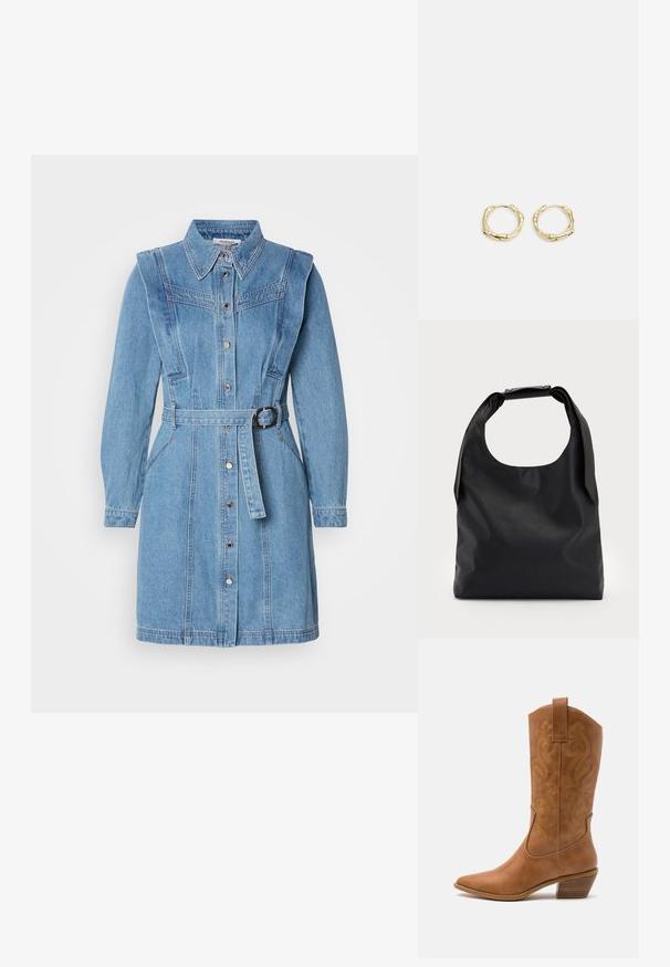 Jeans-paitalı mekik elbise açık mavi renginde, uzun kollar, düğme kapama, kemerli bel ve detaylı omuz dikişleri ile dikkat çekiyor.; Ruskean nahkainen cowboy-saapas, jossa on terävä kärki, brodeeratut pyörteiset kuviot varressa ja kerroslohko korko. Varustettu nostonipulla helpottamaan pukemista.; Musta nahkainen hobo-laukku, jossa on yksi pehmeä, pyöreä kahva; ominaisuuksina sileä pinta ja minimalistinen muotoilu. Ei näkyvää metalliosaa tai koristeita.; Kultaiset renkaat, joissa on teksturoitu, epäsäännöllinen muoto. Varustettu saumattomalla suljinnalla ja kiillotetulla pinnalla, mikä korostaa modernia muotoilua.