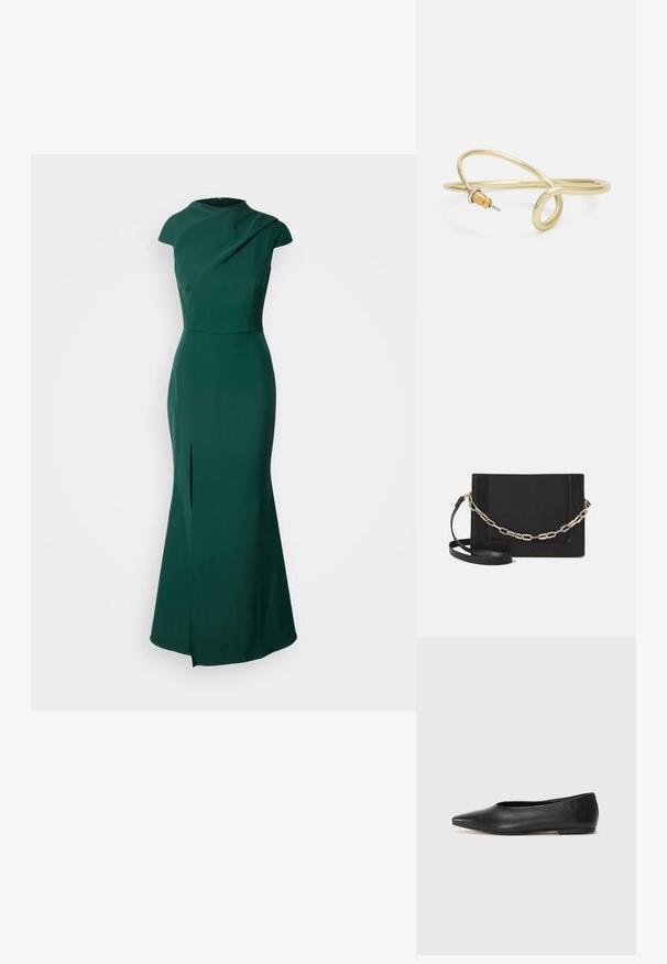 Vihreä iltapuku, joka on valmistettu sileästä kankaasta. Puvussa on venepääntie, lyhyet hihat ja sivuaukko helmassa lisäyksinä.; Musta nahkainen ballerinatyyppinen kenkä, terävä kärki, minimalinen muotoilu, sileä pinta, matala korko, ei näkyvää metalliosaa tai koristeita.; Musta nahkainen olkalaukku, jossa on sileä pinta, suorakulmainen muoto ja metalliketju yksityiskohtana edessä. Mukana säädettävä hihna.; Kultainen metallinen ranneketju, jossa on sulava ja kaareva muotoilu. Yhdessä päässä on pieni, hallitseva hopeanvärinen korostus.