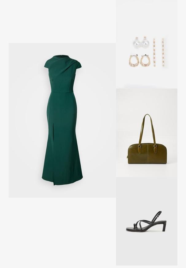 Rochie de seară verde, confecționată dintr-un material neted, având un gât tip boat, mâneci scurte și o fanta laterală la tiv pentru un plus de detaliu.; Sandal cu barete negre, cu vârf pătrat și toc mic de bloc. Prezintă mai multe barete subțiri și o bareta ajustabilă la gleznă. Fabricat din piele netedă.; Geantă de mână din piele verde măslinie, cu o formă rotundă, mânere duale și față fără cusături. Are o textură netedă și detalii de cusătură subtile.; Trei perechi de cercei: cercei cu perle albe mari, cercei tip cerc din aur cu pietre clare și două cercei lungi, drepți, din aur cu detalii strălucitoare.