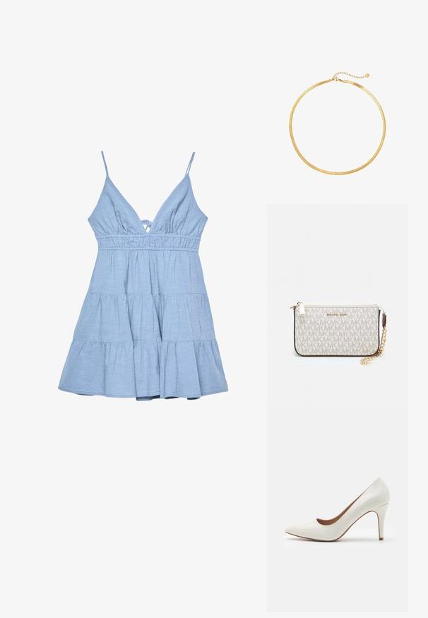 Svijetloplava haljina bez rukava s v-izrezom, naboranom prednjom stranicom i slojevitom suknjom. Izrađena od teksturiranog materijala s podesivim naramenicama.; Bijela lakirana kožna cipela s visokom potpeticom, zašiljenog vrha i glatke površine, s vitkom potpeticom i niskim izrezom oko otvora.; Michael Kors novčanik na zapešću u bež premazanoj tkanini s ponavljajućim uzorkom MK loga, zlatnim hardverom i odvojivim lancem za nošenje.; Zlatna mrežasta choker ogrlica s ravnim, fleksibilnim dizajnom. Ima lanac za produženje koji omogućuje prilagodljivu duljinu. Glatka tekstura, minimalistički izgled.