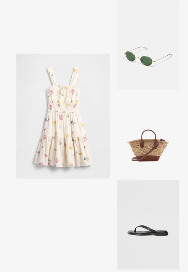 Robe d'été crème avec taille smockée et bretelles, orné de motifs colorés de soleil, de coquillage, de crabe, de citron et de plage.; Tongs noires en cuir lisse, avec un design de sangle fine et une semelle plate à profil minimal. Aucun motif ou accent notables.; Lunettes de soleil avec une monture dorée, des verres ovales verts et des branches en métal fines. Dispose de embouts en plastique transparent sur les branches pour plus de confort.; Sac en osier tissé avec des accents en cuir marron, deux poignées et une bandoulière détachable. Forme courbée avec une base robuste.