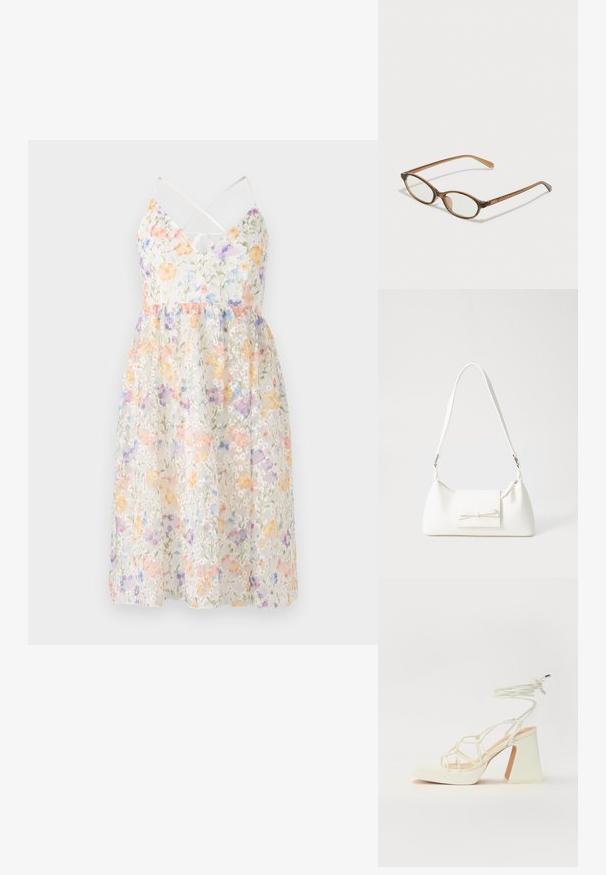 Kwiatowa sukienka z lekkiego materiału w pastelowych kolorach, z przezroczystą nakładką, regulowanymi cienkimi ramiączkami i rozkloszowanym dołem.; Biała sandał na wysokim obcasie z masywnym słupkiem, z paskowym wzorem i wiązaniem przy kostce. Gładka faktura z platformą z przodu dla dodatkowej wysokości.; Brązowe okulary w motyle z owalnymi soczewkami, cienkimi ramionami i przezroczystymi akcentami. Posiadają subtelne logo na zauszniku. Smukły, lekki design.; Biała syntetyczna torba o trójkątnym kształcie, płaskim przednim klapce i detalach w postaci kokardy, regulowanym pasku, gładkiej fakturze oraz minimalistycznym designie.