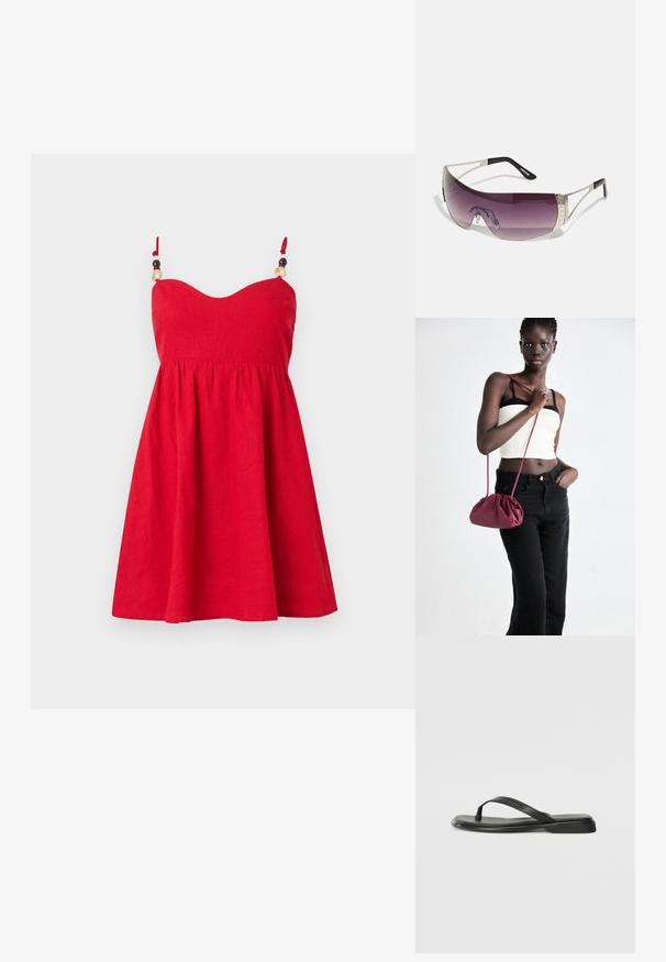 Raudona lino suknelė su prigludusia liemene, platėjančia sijonu ir reguliuojamomis juostelėmis, dekoruotomis mediniais karoliukais. Lygus paviršius.; Juodos šlepetės, pagamintos iš lygios odos, su plona dirželių konstrukcija ir plokščiu padu, turinčiu minimalų profilį. Be pastebimų raštų ar akcentų.; Akiniai nuo saulės su dideliu, išlenktu purpuriniu lęšiu, sidabro metaliniais akcentais ir juodomis tempomis su logotipu. Matomi tekstūruoti rėmo detalės.; Bordo minkštas audinys rankinukas su susiraukšlėjimu ir ilgu dirželiu, dėvimas per kūną. Modelis vilki baltą trumpą palaidinę ir juodas džinsus.