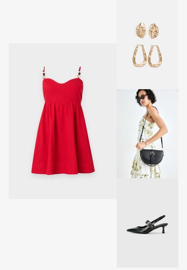 Red linen dress with a fitted bodice, flared skirt, and adjustable straps adorned with wooden bead accents. Smooth texture.; Black patent leather slingback heels with a pointed toe and a small block heel, featuring a silver buckle accent on the strap.; Black leather handbag with a curved shape, detachable strap, and gold hardware. The bag features a flap with a buckle detail.; Gold-tone earrings featuring textured, wavy shapes. Includes sculptural clip-on studs and open hoop design with a hammered finish.