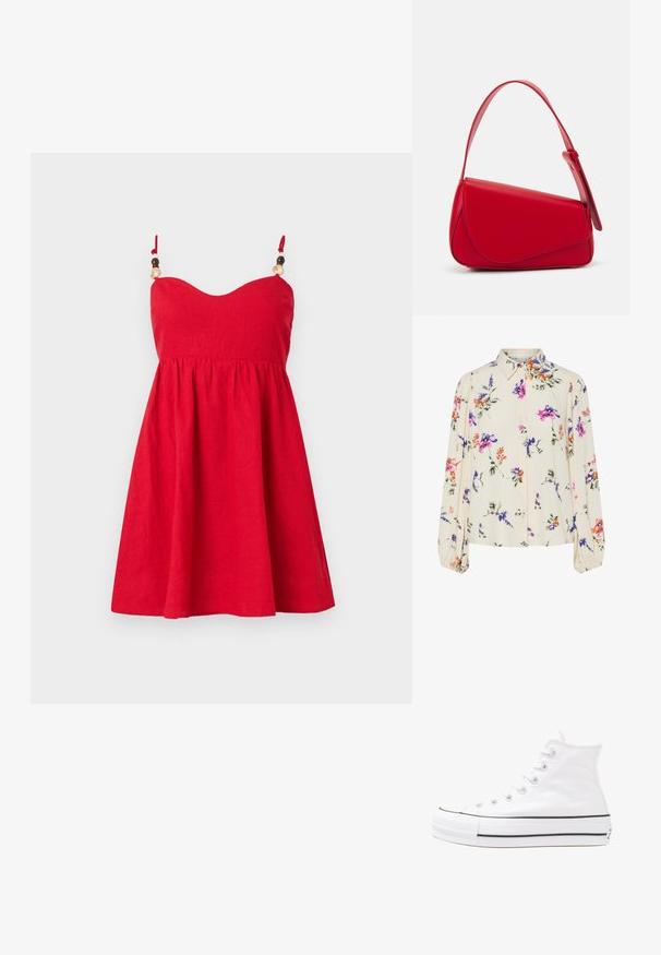 Červené lněné šaty s přiléhavým vrškem, rozšířenou sukní a nastavitelnými ramínky zdobenými dřevěnými korálky. Hladká textura.; Květnatá blůza s dlouhými balónovými rukávy, světle krémové barvy, s fialovými, oranžovými a zelenými květinovými vzory a klasickým límečkem.; Bílé vysoké plátěné tenisky s černou gumovou podrážkou, přední gumovou špičkou a šesti očky na tkaničky, se čistým, minimalistickým designem.; Červená kožená kabelka s ostrým, geometrickým designem. Má jeden nastavitelný popruh a klopu s prošívanými detaily.