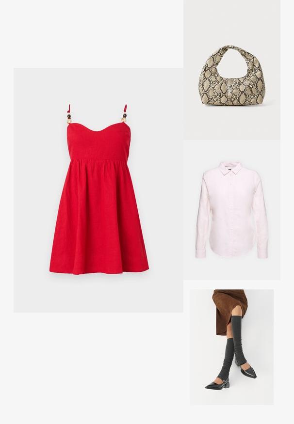 Punane linane kleit, millel on sobiv bodi, laienev seelik ja reguleeritavad rihmad, millel on puidust helmed. Sile tekstuur.; Kergelt roosa pika varrukaga särk, mis on varustatud nööpidega kaelaribaga, sirge hemiga ning pehme tekstuuriga, valmistatud kerge puuvillase kanga materjalist.; Mustad patsaline odav värviga kingad, millel on kreen ja pahkluuring, on paaritatud hallide ribakudumitega sääremiidega ja pruunist nahast seelikuga.; Musta käärmeprindiga kott kõveraga käepidemega. Valmistatud tekstiilsetest, beežidest ja pruunidest materjalidest, millel on iseloomulik rombikujuline muster.