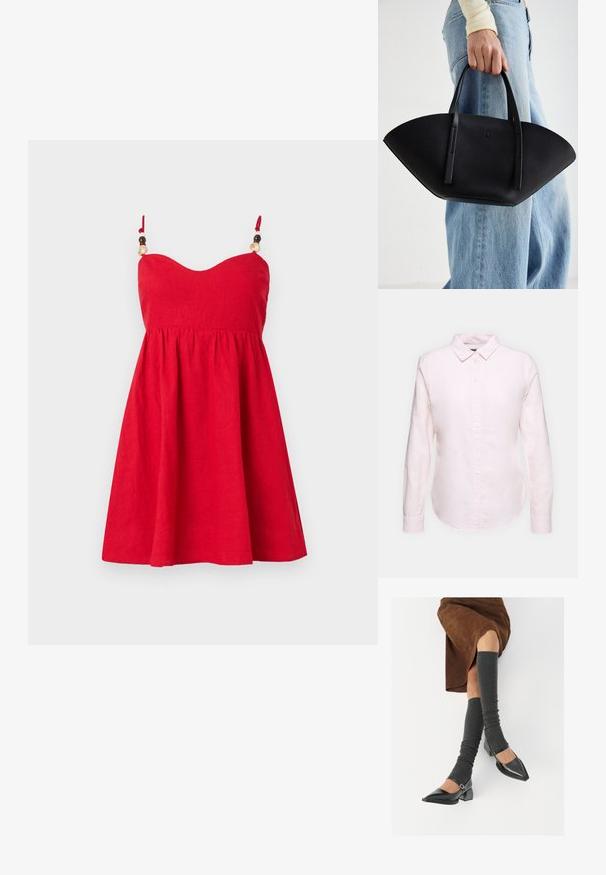 Red linen dress with a fitted bodice, flared skirt, and adjustable straps adorned with wooden bead accents. Smooth texture.; Light pink long-sleeve shirt with a button-down collar, featuring a straight hem and soft texture, made from lightweight cotton fabric.; Black patent leather pointed-toe shoes with a block heel and ankle strap, paired with gray ribbed leg warmers and a brown suede skirt.; Black leather handbag with a unique fan shape, featuring flat handles. The surface has a pebbled texture and a minimalistic design.