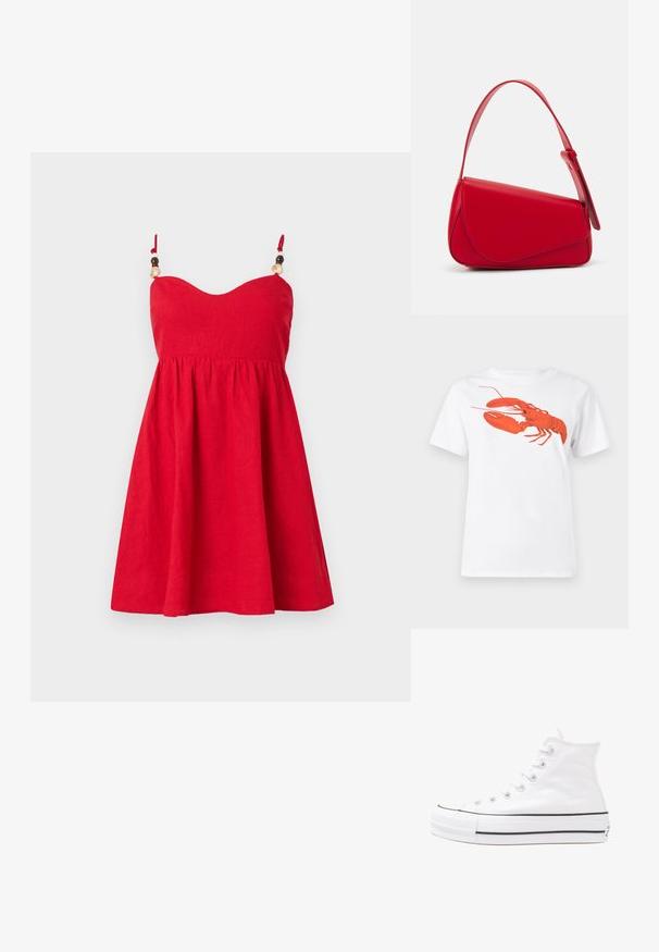 Sarkans lina kleitas ar pieguļošu augšdaļu, izplestu svārku un regulējamiem plecu siksnām, dekorētām ar koka pērlītēm. Gluda tekstūra.; Balta kokvilnas T-krekls ar lielu, spilgti sarkanu omāru grafiku uz priekšu. Īsas piedurknes un standarta apļveida kakla dizains.; Balti augstie kanvas sporta apavi ar melnu gumijas zoli, priekšējo gumijas purngalu un sešām acīm lencēm, kuriem ir tīrs, minimālistisks dizains.; Sarkans ādas rokassomi ar stūrainu, ģeometrisku dizainu. Iekļauj vienu regulējamu siksnu un vāku ar izšūtu detaļu.