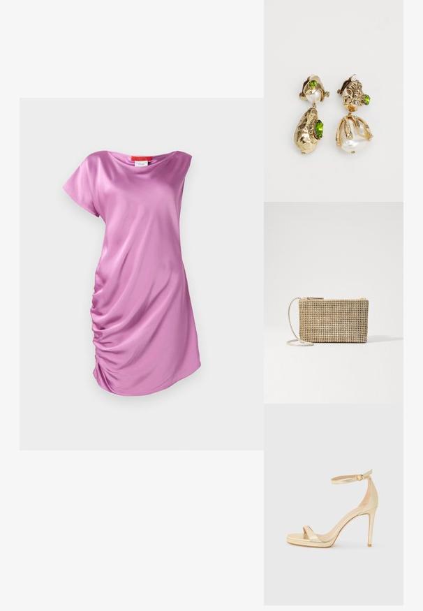Vaaleanpunainen samettinen mekko, jossa on rento leikkaus, lyhyet hihat ja rypistetty sivutekstuuri lisäyksinä.; Kultaiset metalliset korkokengät avonaisella kärjellä, nilkkaremmi soljella ja korkea pohja lisäkorkeutta varten. Suora pinta.; Loeffler Randall YASMINE FLAT CLUTCH - Olkalaukku - gold; Kultakuvioiset korvakorut esittävät epäsäännöllisiä teksturoituja muotoja, joita koristavat vihreät kivet ja valkoiset helmet. Ne on varustettu klipsikiinnityksillä.