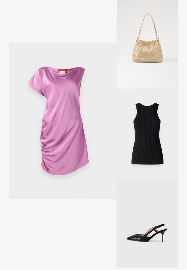 Różowa satynowa sukienka o luźnym kroju, z krótkimi rękawami i marszczonymi bokami dla dodatkowego detalu.; Czarny bezrękawnik z żebrowaną teksturą, okrągłym dekoltem, dopasowanym krojem i gładkim wykończeniem. Lekka tkanina dziana.; Czarne sandały na obcasie z noskiem w szpic, z paskiem w designie oraz logo "LOVE MOSCHINO" po bokach. Gładka tekstura.; Beżowa torebka na ramię z marszczonym wierzchem, z metalowymi ćwiekami i złotą blaszką z logo. Zawiera pojedynczy pasek na ramię. Miękka faktura materiału.