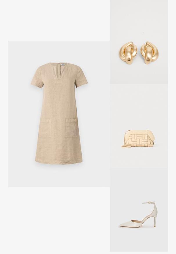 Abito in lino beige fino al ginocchio con maniche corte, scollatura a V e due tasche frontali. Design semplice e dritto. Chiusura con zip sul retro.; Scarpa col tacco alto in pelle bianca con punta affusolata, cinturino alla caviglia e tacco a stiletto sottile. Texture liscia con una finitura leggermente lucida.; Borsa beige intrecciata con un design strutturato, dotata di una parte superiore liscia e di una lunga tracolla. I dettagli testurizzati arricchiscono l'aspetto complessivo.; Orecchini in metallo color oro con un design intrecciato, una superficie liscia e lucida e forme arrotondate. Ciascuno misura circa 5 cm.