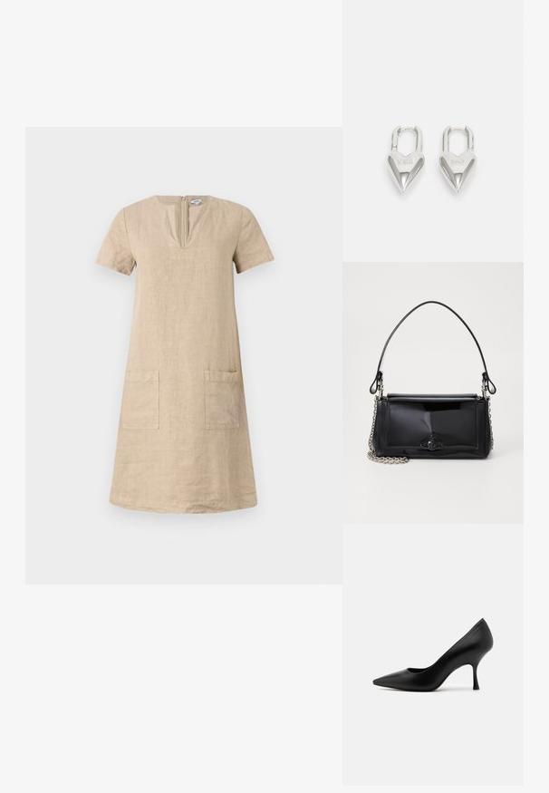 Rochie din in bej, până la genunchi, cu mânici scurte, decolteu în V și două buzunare frontale. Design simplu, cu croială dreaptă. Închidere cu fermoar la spate.; Pantofle negre din piele, cu toc înalt și vârf ascuțit, având o textură netedă și o siluetă clasică.; Geantă din piele patent neagră, cu o formă rectangulară, mânere din lanț și un accent distinctiv din metal în centru. Textură netedă.; Lacate în formă de inimă, argintii, cu inscripții gravate "DA" și "NU", finisaj lustruit, design simetric și un închizător robust din metal.