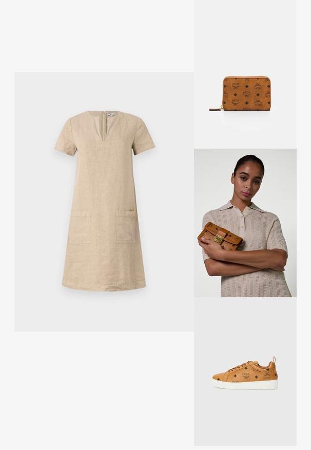 Beige Leinenkleid in knielanger Form mit kurzen Ärmeln, V-Ausschnitt und zwei vorderen Taschen. Schlichtes, gerades Design. Mit Reißverschluss hinten.; Braune Ledersneaker mit kontrastierenden weißen Gummisohlen, die schwarze Rautenmuster und MCM-Logos an der Seite aufweisen. Mit Schnürsenkeln und einer Rücklasche.; Frau mit glattem, nach hinten gekämmtem Haar trägt ein beiges Poloshirt mit kurzen Ärmeln aus Strick und hält eine beige, gemusterte Leder-Clutch mit goldenem Verschluss und Kette.; Braune Lederbörse mit Reißverschluss, die schwarze MCM-Logo-Muster und Diamantakzente auf einer glatten Oberflächenstruktur aufweist.