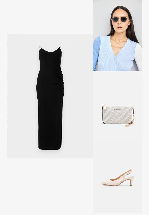 Rochie maxi neagră fără mâneci, cu decolteu în V, detalii pliate pe lateral și fanta adâncă pe coapsă; confecționată dintr-un material moale și elastic.; Sandaie cu toc alb, cu vârful ascuțit, material superior neted, toc mic tip bloc și design cu decupaj lateral, cu curea ajustabilă.; Ochelari de soare rotunzi cu lentile întunecate și rame aurii. Modelul poartă un cardigan ribbed de culoare albastru deschis cu nasturi și mâneci albe în contrast.; Clutch Michael Kors din canva acoperit bej, cu un model repetitiv al logo-ului MK, accesorii din aur și o curea cu lanț detașabil.