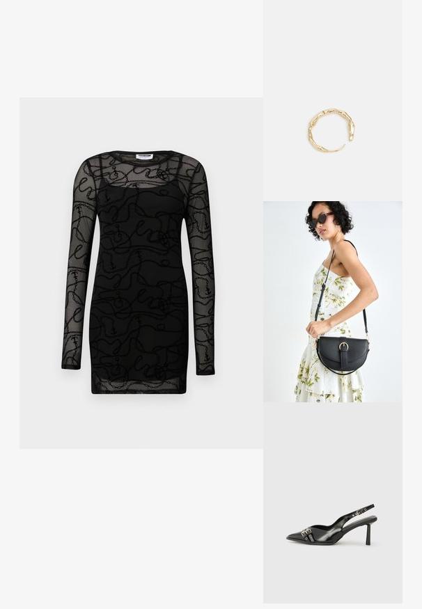 Črna dolga obleka z dolgimi rokavi, izdelana iz prosojnega materiala, s teksturiranim vzorcem valovitih črt in sidr. Okrakljen ovratnik, prilegajoča oblika.; Črne patentne usnjene sandale s koničastim nosom, zankami okoli gležnja s srebrnimi sponkami in opremo ter vitkimi petami.; Črna usnjena torbica s ukrivljeno obliko, z odstranljivo naramnico in zlatimi dodatki. Torbica ima pokrov s podrobnostmi v obliki zaponke.; Zlati prstan s organskim, zvitim dizajnom, gladko površino in taperiranimi konci, ki ustvarja modernega, skulpturalnega videza.