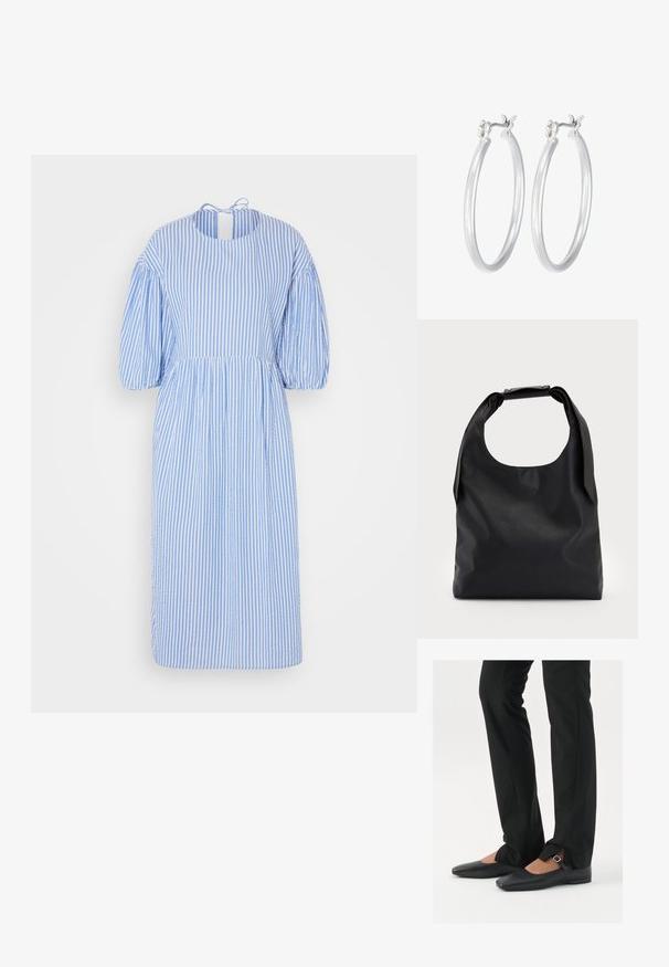 Blau-weißer gestreifter Midi-Kleid mit Puffärmeln, rundem Ausschnitt und Bindeband im Rücken. Hergestellt aus einem leichten Stoff.; Schwarze Leder-Ballerinas mit spitzer Zehenpartie, Riemchen mit silberner Schnalle, kombiniert mit schwarzen taillierten Hosen mit Schlitzsaum.; Schwarze Leder-Hobo-Tasche mit einem einzelnen, weichen, abgerundeten Griff; verfügt über eine glatte Textur und ein minimalistisches Design. Keine sichtbaren Beschläge oder Akzente.; Silberne Creolen mit einer glatten, polierten Oberfläche. Runder Form und sicherem Klickverschluss. Leichtes Design, geeignet für den täglichen Gebrauch.