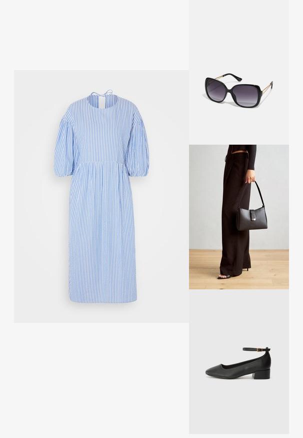 Rochie midi cu dungi albastre și albe, cu mâneci tip puff, decolteu rotund și detaliu cu fundiță la spate. Fabricată dintr-un material ușor.; Pantof cu toc negru din piele, cu vârf ascuțit și toc mic pătrat. Dispune de o curea la gleznă cu o cataramă în tonuri de aur. Textură netedă.; Ochelari de soare negri, supradimensionați, cu lentile degradate, rame groase și detalii cu lanț de ton auriu pe brațele templului.; Genți negre cu o formă structurată, textură netedă și un închizător metalic. Asortată cu pantaloni negri largi și sandale cu vârf deschis pe un podea din lemn.