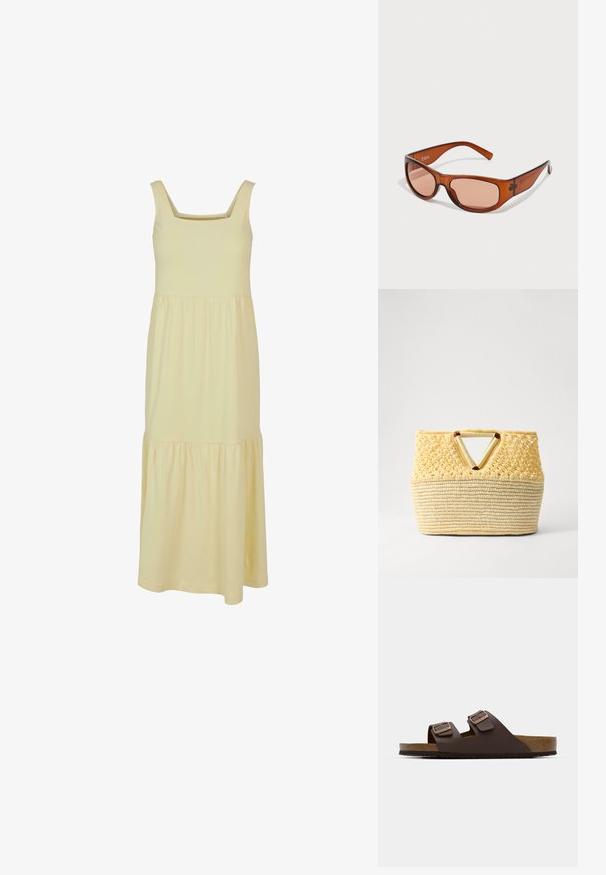 Gul bomullsmaxiklänning med fyrkantig halsringning, ärmlös design och volangskjoldetalj. Slät textur och lätt tyg.; Bruna, platta slidesandaler med två justerbara remmar. Tillverkad av ett slätt material, med en korkfotbädd och en texturerad gummisula.; Bruna tonade solglasögon i rektangulär form, tillverkade av genomskinlig plast. Har böjda skalmar och varumärket "ZIGN" på sidan.; Gul vävd halmhandväska med ett V-format skärhandtag. Översta delen har ett fint spetsmönster; den nedre delen är slät och texturerad.