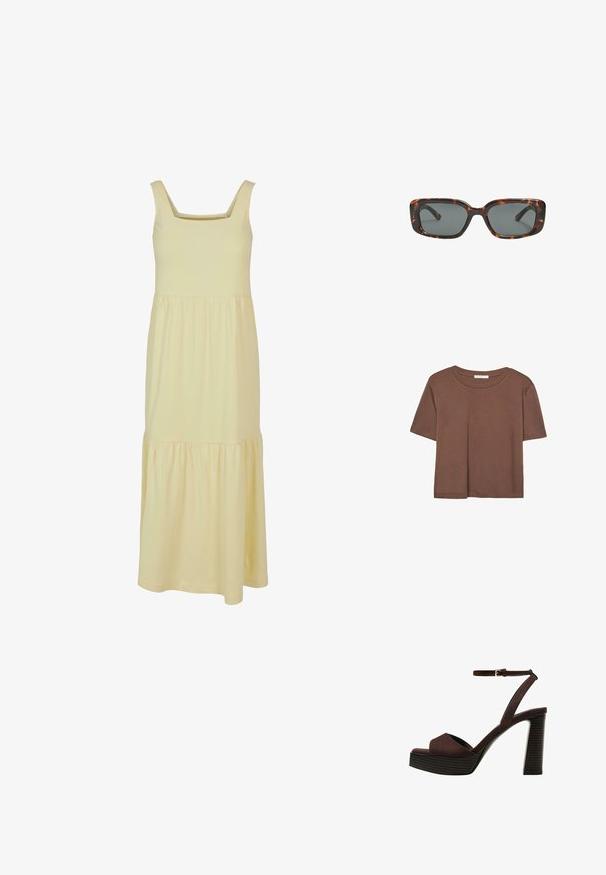 Gelbes Baumwoll-Maxikleid mit quadratischem Ausschnitt, ärmellosem Design und gestuftem Rockdetail. Glatte Textur und leichter Stoff.; Braunes, kurzärmliges T-Shirt aus weichem Material mit rundem Halsausschnitt und lockerer Passform. Keine sichtbaren Muster oder Akzente.; Braune Wildleder-Pumps mit offenem Zeh, verstellbarem Knöchelriemen und gestreiftem Plateausohlen.; Sonnenbrille im Schildpatt-Design mit rechteckigen Gläsern, dicken Rahmen und dunkelgetönten Gläsern. Glatte Textur und minimalistisches Design.