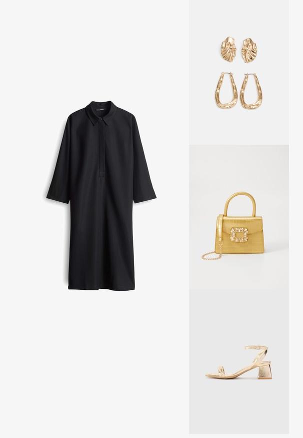 Abito lungo nero con maniche a lunghe e colletto, caratterizzato da una patta frontale e una silhouette dritta. Realizzato in tessuto liscio senza motivi visibili.; Sandal in metallo dorato con tacco a blocco angolare, due cinghie sul piede e una cinghia alla caviglia regolabile. Tocco liscio.; Borsa finta coccodrillo gialla con design strutturato, manico superiore, tracolla a catena removibile e abbellimenti in cristallo decorativi sulla chiusura.; Orecchini in tono oro caratterizzati da forme ondulate eTexture. Comprendono chiusure clip-on scultoree e un design a cerchio aperto con finitura martellata.