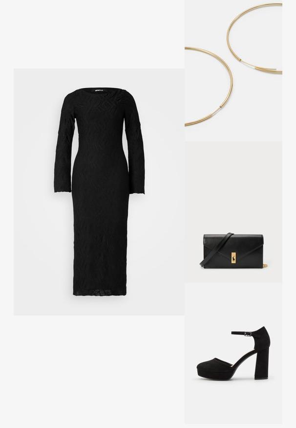 Črna dolga obleka z dolgimi rokavi in strukturnim valovitim vzorcem, s kvadratnim izrezom in oprijetim dizajnom, ki sega do gležnov.; Črne semiš platform škornje z debelim blokastim peto, zaobljenim nosom in gležnjico, ki jo drži kovinska zaponka. Gladka tekstura po celotni površini.; Zlate obroče ušesne uhane, tanke in krožne oblike, z gladko kovinsko površino brez okrasnih elementov ali vzorcev.; Črna usnjena denarnica s prepognjenim pokrovom, zlato okovje, ki vključuje poudarek z logotipom. Vključuje odstranjljivo naramnico za nošenje.