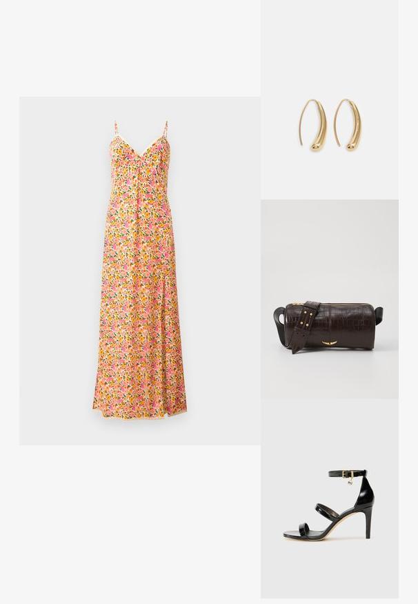 Blomster maxi kjole med tynde stropper, der har et mønster i pink, orange og grøn. Letvægtsstof med en flydende design og V-udskæring.; Sorte patenterede lædersandaler med tre stropper, ankelspænde og 10 cm stiletthæl. Har detaljer i guld og et logo charms.; Brun krokodilleder taske med cylindrisk form, hardware i guld-tone, og en aftagelig rem med nitter.; Guldfarvede metal hoops øreringe med en bøjet, forlænget form. Har en glat, skinnende overflade og en afrundet spids for ekstra detalje.