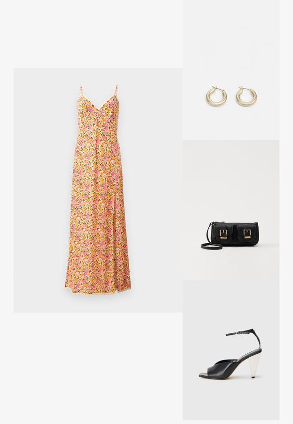 Blumiges Maxikleid mit schmalen Trägern, das ein pinkes, orangefarbenes und grünes Muster zeigt. Leichter Stoff mit fließendem Design und V-Ausschnitt.; Schwarze Leder-Hochzehen-Sandale mit offener Zehe, asymmetrischem Design, Knöchelriemen und metallic kegelförmigem Absatz. Glatte Textur über das gesamte Produkt.; Schwarze Leder-Umhängetasche mit zwei vorderen Taschen, goldenen Schnallen, Reißverschluss und einem schmalen Tragegurt. Texturierte Oberfläche und kompakte rechteckige Form.; Lauren Ralph Lauren BASIC SMALL HOOP - Ohrringe - gold-coloured