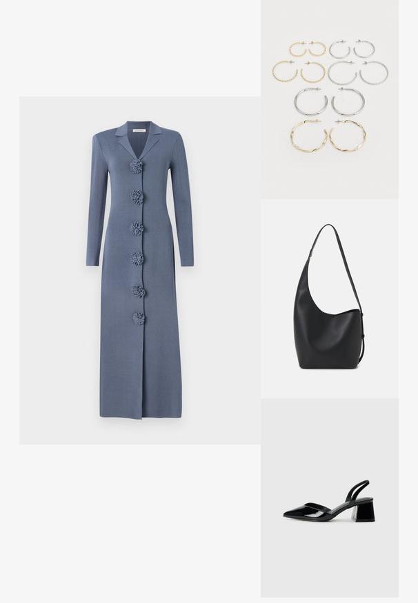 By Malene Birger ROSIE - Strickkleid - grisaille; Schwarze Lackleder-Slingback-High Heels mit spitzem Schuh und einem geometrischen Blockabsatz. Verfügt über ein schlankes, minimalistisches Design und eine glatte Textur.; Schwarze Leder-Hobo-Tasche mit einer glatten Textur, geschwungener Form und einem einzelnen verstellbaren Tragegurt; verfügt über eine weite Öffnung am oberen Ende.; Set aus zwölf Ohrhängern in Silber- und Goldtönen. Enthält gedrehte, glatte und strukturierte Designs in verschiedenen Größen und Oberflächen.