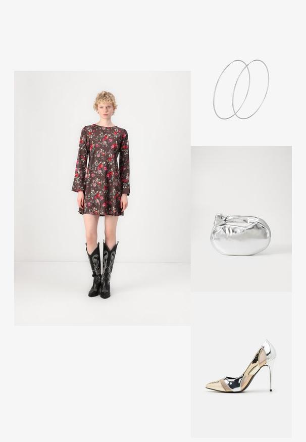 Mini haljina s cvjetnim uzorkom u smeđoj boji i dugim rukavima, u kombinaciji s crnim kaubojskim čizmama sa srebrnim vezom i šiljastim prstima.; Cipele s visokom potpeticom i špicastim vrhom u srebrnoj, zlatnoj i nude boji. Sjajan finiš s izrezbarenim dizajnom, s potpeticom u obliku stiletto.; Srebrna metalik torbica s mekim, zaobljenim oblikom i čvorastim zatvaranjem na vrhu. Izrađena od glatke sintetičke kože.; Srebrne okrugle naušnice s minimalističkim dizajnom. Kružni oblik, glatka tekstura i tanak profil. Lagane s poliranim završetkom.