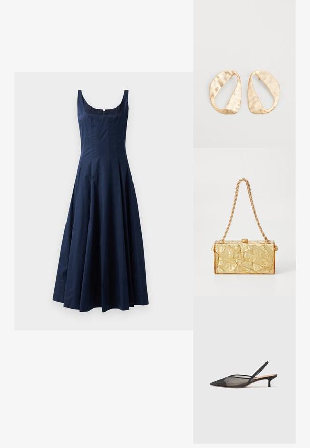 Tyhjästä sininen midi-mekko, jossa on neliön muotoinen pääntie, tiukka yläosa, levenevä hame ja etuvetoketjulla.; NEOUS IRENA - Avokkaat - black; Kullanım sırasında büzülmüş dokuya sahip altın rengi, dikdörtgen şekilli çanta, üst kısmında zincir askısı ve menteşe kapanışıyla dikkat çekiyor. Pürüzsüz, parlak bir yüzey.; Pari epämuodostuneita soikeita kultasävyisiä metallikorvakoruja, joissa on teksturoitu, hieman hakattu pinta valkoista taustaa vasten.