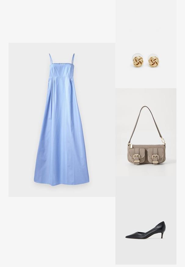 Svjetloplava, bezrukavna maksi haljina s tankim trakama, prilagođenim tijelom, skupljenim strukom i lepršavom suknjom. Izrađena od glatkog materijala, s minimalnim detaljima.; Crna kožna cipela s vrhom u špic i niskom petom. Ima glatku teksturu i suptilan sjaj. Prednji dio je otvoren za dodatni detalj.; Bež torbica teksture s podesivim remenom, dva prednja džepa osigurana kopčama i detaljima od zlata. Zatvaranje na zipu na vrhu.; Naušnice na stud s zlatnim tonom i uvrnutim dizajnom. Svaka naušnica ima okruglu prozirnu podlogu za sigurno nošenje.