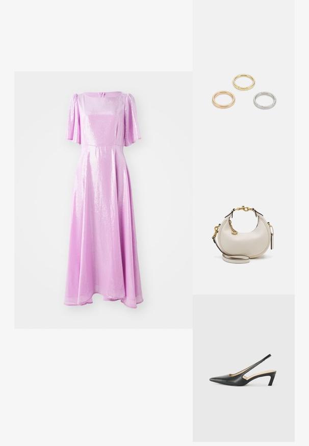 Długa różowa sukienka z błyszczącego, cekinowego materiału, posiada krótkie bufiaste rękawy i dopasowaną górę, przechodząc w rozkloszowaną spódnicę.; Czarny but na obcasie typu slingback z ostro zakończonym noskiem, z niskim obcasem, wykonany z gładkiej skóry, z wycięciem po boku dla lepszej wentylacji.; Kremowa skórzana torebka w kształcie półksiężyca, z złotymi elementami, czarnymi akcentami oraz odpinanym paskiem. Posiada dodatkowo detal w postaci łańcucha oraz metkę.; Trzy metalowe pierścienie: jeden w różowym złocie, jeden złoty z teksturowanymi akcentami, oraz jeden srebrny, wszystkie z wygrawerowanym brandingiem na wewnętrznej stronie.