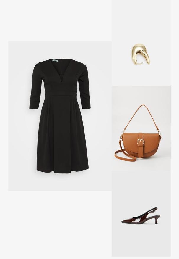 Črna obleka iz gladkega blaga, s globokim V-izrezom, rokavi do komolcev in gubano krilo s hranilnikom na hrbtni strani.; Rjavi lakirani slingback čevelj z ostro konico in zmerno peto. Ima zaponko za varno prileganje. Gladka tekstura.; Rjava usnjena torbica prek telesa s ukrivljeno obliko, zlate opreme in sponko. Ima odstranljiv naramni trak.; Uhane nakit iz zlatastega tona z gladko, ukrivljeno zasnovo. Ima edinstveno koničasto obliko, polirano površino in zaponko s tečajem.
