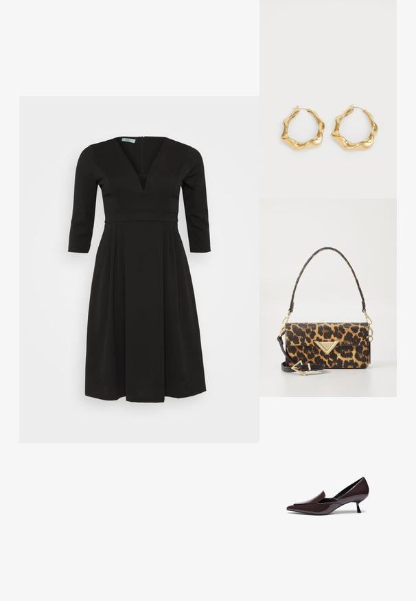 Črna obleka iz gladkega blaga, s globokim V-izrezom, rokavi do komolcev in gubano krilo s hranilnikom na hrbtni strani.; Črne lakirane špičaste salonarice z nizko stiletto peto in elegantno silhueto, ki imajo rahlo dvignjen zgornji del.; Torba za čez ramo z leopardjim vzorcem iz teksturirane umetne usnjene, z zlatim trikotnim akcentom in odstranljivo naramnico.; Zlate uhane iz kroga z valovitim, teksturiranim dizajnom. Imajo tanek zapiralo iz žice in polirano, odsevujočo površino.