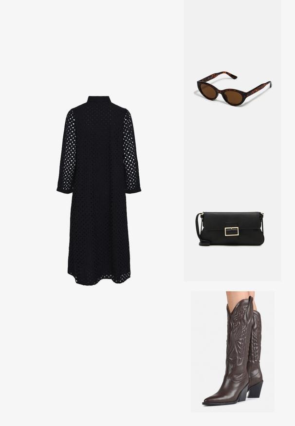 Črna obleka s kragnjo, tri četrtinske rokavi in teksturiranim odprtim vzorcem v obliki diamantov. Segajoča do dolžine sredine meč.; Rjave usnjene kavbojske čevlje z ostrim nosom in blok peto, ki vsebujejo podrobno šivanje in dvignjene dodatke na zgornjem delu.; Rjave mačkaste sončne očala s vintage mačjo obliko in rjavimi lečami. Imajo ukrivljene ročke z rdečimi detajli.; Črna usnjena torbica na preklop z zlato kovinsko zaponko. Vključuje črn trak in eleganten, minimalističen dizajn.