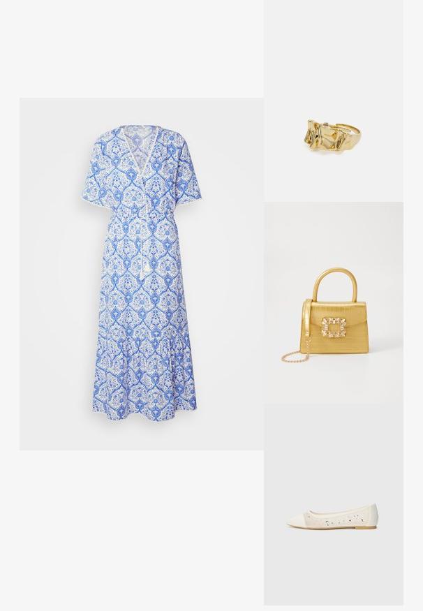 Zila un baltā rakstainā maxi kleita ar īsām piedurknēm, V veida kakla izgriezumu, ar auklu regulējamu jostu un platu apakšmalu. Izgatavota no viegla auduma.; Krēmsādas apavi ar pointēto pirkstu un caurspīdīgu augšdaļu, apkaisa ar izkaisītiem rhinestones. Mīksta zole ērta valkāšanai, minimālisma dizains.; Dzeltena mākslīgā krokodila roku soma ar strukturētu dizainu, augšējo rokturi, noņemamu ķēdes siksniņu un dekoratīvām kristāla rotājumiem aizdares daļā.; Zelta gredzens ar teksturētu, viļņotu dizainu, kas rotāts ar trim izteiktām virsotnēm. Gluda, spīdīga virsma ar atvērtu joslu, lai to varētu pielāgot.