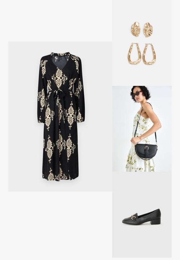 Črna obleka z dolgimi rokavi, V-izrezom, zavezanim pasom in zlatimi abstraktnimi cvetličnimi motivi. Mehka tkanina in zasnova do gležnja.; Črne usnjene loafersice s ravnim petkom, ki imajo dekorativen zlat detajl spredaj in gladko teksturo.; Črna usnjena torbica s ukrivljeno obliko, z odstranljivo naramnico in zlatimi dodatki. Torbica ima pokrov s podrobnostmi v obliki zaponke.; Zlato obarvani uhani z teksturiranimi, valovitimi oblikami. Vključujejo skulpturalne sponke za ušesa in odprto obliko obročka s kladivastim finišem.