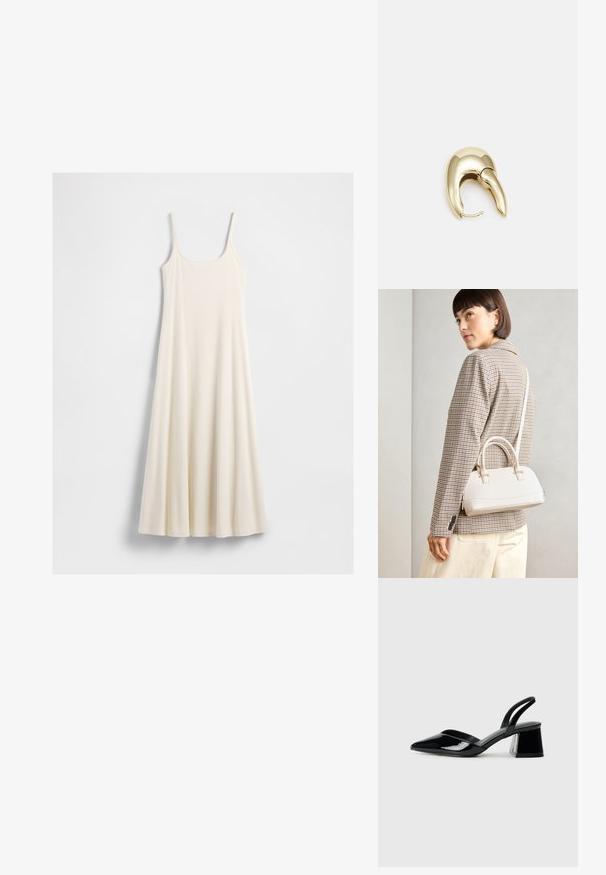 Abito lungo senza maniche di colore crema con spalline sottili e orlo svasato, disposto piatto su uno sfondo bianco.; Décolleté in vernice nera con punta affusolata e tacco in geometria cubica. Presentano un design elegante e minimalista, con una texture liscia.; Borsa a mano bianca strutturata con manici corti e tracolla, dotata di dettagli in metallo dorato e materiale testurizzato, esposta su uno sfondo grigio.; Orecchino in metallo color oro con un design elegante e curvo. Presenta una forma appuntita distintiva, superficie lucida e chiusura a cerniera.