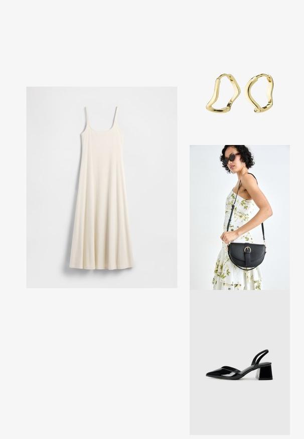 Long, cream-colored sleeveless dress with thin straps and a flared hem, laid flat against a white background.; Black patent leather slingback heels with a pointed toe and a geometric block heel. Features a sleek, minimal design and smooth texture.; Black leather handbag with a curved shape, detachable strap, and gold hardware. The bag features a flap with a buckle detail.; Gold hoop earrings with a fluid, wave-like design. Smooth texture, open shape, and no visible fasteners. Minimalist and modern appearance.