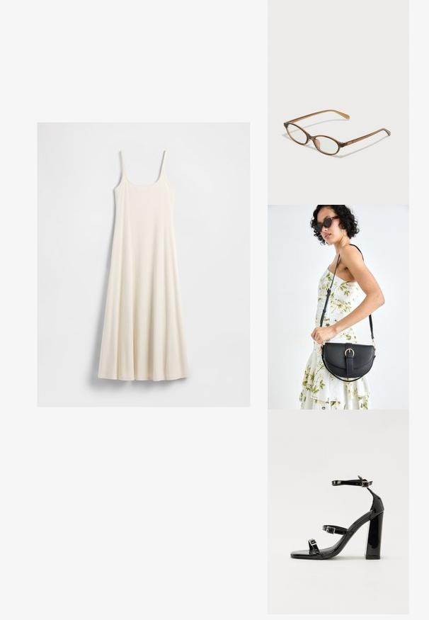 Vestido largo sin mangas de color crema con tirantes finos y dobladillo acampanado, colocado sobre un fondo blanco.; Sandalias de tacón de charol negro con punta cuadrada, correas en el tobillo y hebillas plateadas. Presentan un tacón grueso para mayor estabilidad.; Gafas de carey marrón con lentes ovalados, patas delgadas y acentos transparentes. Presenta un sutil logo en la varilla. Diseño elegante y ligero.; Bolso de piel negra con forma curva, correa desmontable y herrajes dorados. El bolso cuenta con una solapa con un detalle de hebilla.