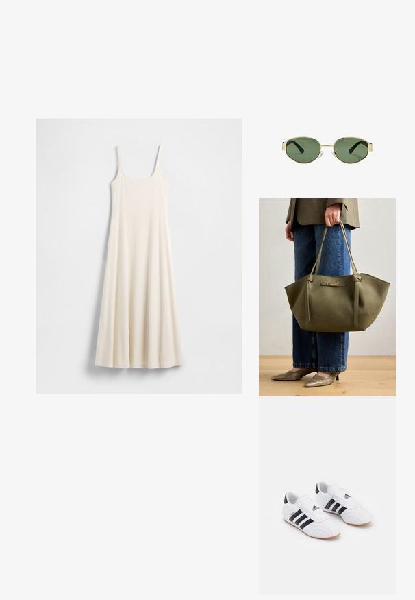 Langes, cremefarbenes, ärmelloses Kleid mit dünnen Trägern und einem ausgestellten Saum, flach auf einem weißen Hintergrund ausgelegt.; Weiße Sportschuhe mit schwarzen Streifen, die eine samtähnliche Textur, eine abgerundete Zehe und einen Klettverschluss aufweisen. Gummisohle für besseren Halt.; Sonnenbrille mit goldfarbenem Metallrahmen, grünen getönten Gläsern, ovaler Form, schwarzen Bügeln und klaren Nasenpads. Sauberes, minimalistisches Design.; Olivgrüne Tragetasche mit zwei Griffen, glatter Textur und metallischem Logo-Element. Runde Form mit Seitenpanels; kombiniert mit blauen Hosen.