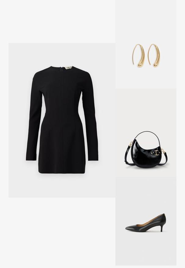Vestido longo preto de mangas compridas com um decote alto, silhueta ajustada e fecho éclair nas costas. Confeccionado em tecido suave com detalhes mínimos.; Sapato de salto alto em pele preta com bico fino, salto baixo e textura suave. Apresenta uma ligeira abertura na parte da frente e mínima ferragem na parte de trás.; Bolsa de señora em couro verniz preto com forma curva, alça ajustável e detalhes em metal dourado na lateral. Textura suave e brilhante.; Brincos em metal dourado com forma de arco alongado e curvado. Apresentam uma superfície lisa e brilhante, com uma ponta arredondada para um detalhe adicional.