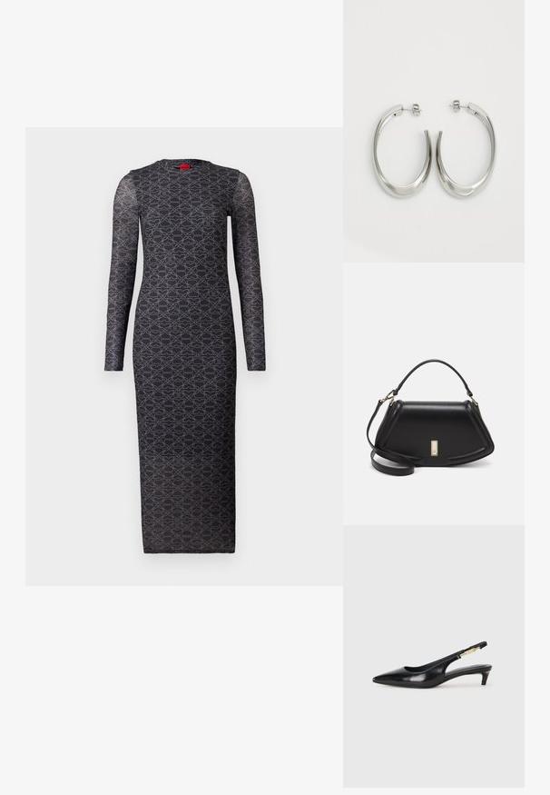 Pitkähiha musta mekko, jossa on geometrinen harmaa kuvio, valmistettu sileästä kankaasta. Sisältää pyöreän kaula-aukon ja vartalonmyötäisen siluetin.; Mustat nahkaiset slingback-korkokengät, joissa on terävä kärki, ohuet korot ja kultasävytteinen yksityiskohta säädettävässä hihnassa. Silkkinen pinta.; Mustalla nahkalaukulla, jossa on jämäkkä muotoilu, lyhyt malli, yläkahva ja kultaiset yksityiskohdat. Säädettävä olkahihna sisältyy.; Hope hopeista, joissa on sileä, kaareva muotoilu. Varustettu kiiltävällä metallipinnoitteella ja nappikiinnityksellä. Ei näkyviä kuvioita tai koristeluja.