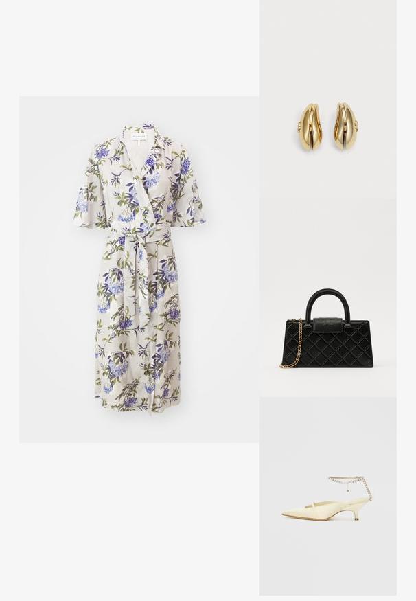 Blumenkleid aus leichtem Stoff mit kurzen Glockenärmeln, Bindeband in der Taille und lila-grünen Blumendrucken auf hellem Hintergrund.; Spitze, gelbe Satin-Slingback-Schuh mit niedrigem Absatz und einem dekorativen Kettenknöchelriemen mit Strasssteinen. Glatte Textur, minimalistisches Design.; Schwarze Handtasche aus strukturiertem Leder mit einem Diamantmuster, goldfarbener Kette, einem oberen Griff und einem Logo-Prägung Klappenverschluss.; Goldfarbene Ohrringe mit fließendem, geschwungenem Design. Jeder Ohrring hat eine glatte Oberfläche und einen kleinen Verschluss mit einem dekorativen Detail.