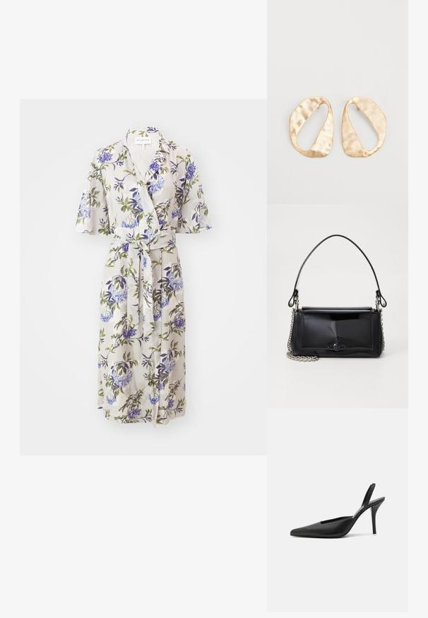 Cvečni oblečen plašč iz lahkega materiala, z kratkimi zvončastimi rokavi, zavezanem pasu ter vijoličnimi in zelenimi cvetličnimi motivi na svetli podlagi.; Črne slingback pete z ostrim nosom, iz gladke usnjene materiala in s prefinjenim, minimalističnim oblikovanjem. Visoka stiletto peta.; Črna lakirana usnjena torbica pravokotne oblike, s verižnim trakom in značilnim kovinskim detajlom na sredini. Gladka textura.; Par nenavadno ovalnih zlatih metalnih uhani s teksturirano, rahlo udarjeno površino na belem ozadju.